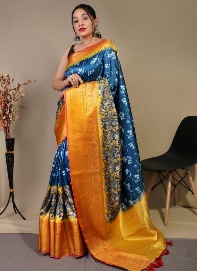 Pure Kanchipuram Blue Traditional Wear Digital Printed Saree